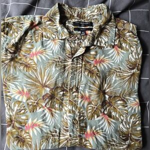 Banana Republic Men's Slim Fit Linen Leaf Print Button Down Short Sleeve Shirt